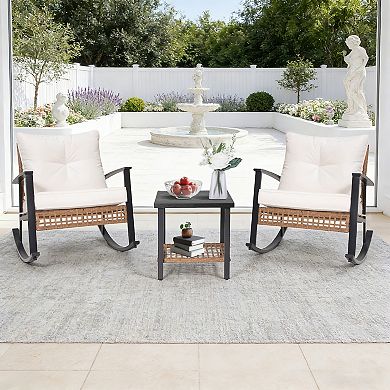 3-Piece Wicker Patio Bistro Set with Thick Cushions 2 Rocking Swivel Chairs Coffee Table