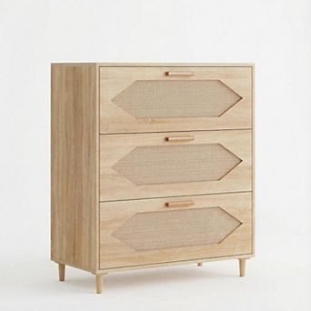 31.5" Wide 3-Drawer Dresser w/Rattan Fronts, Wood Oak Chest of Drawers for Bedroom Closet Storage