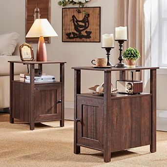 Farmhouse Set of 2 Nightstands w/Charging Station, Wood End Table with Barn Door & Open Shelves