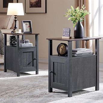 Farmhouse Set of 2 Nightstands w/Charging Station, Wood End Table with Barn Door & Open Shelves