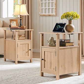 Farmhouse Set of 2 Nightstands w/Charging Station, Wood End Table with Barn Door & Open Shelves