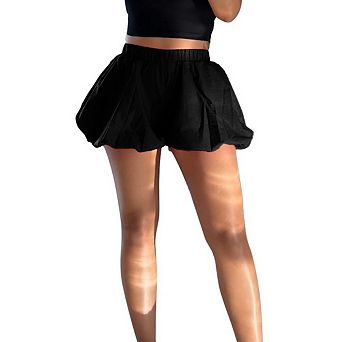 Women's Y2K Solid Color Bubble Shorts Elastic Midi Waist Ruffle Summer Fashion Wide Leg Bloomers
