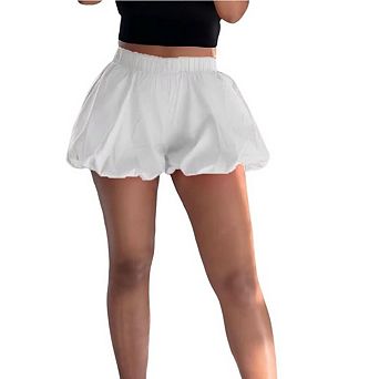 Women's Y2K Solid Color Bubble Shorts Elastic Midi Waist Ruffle Summer Fashion Wide Leg Bloomers