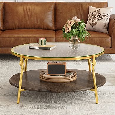 GOODSILO Modern Round Two-Tier Coffee Table with Glass Top & Metallic Base for Living Room
