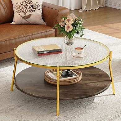 GOODSILO Modern Round Two-Tier Coffee Table with Glass Top & Metallic Base for Living Room