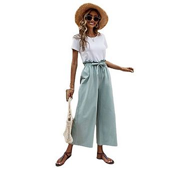Women's Wide Leg Cotton Linen Pants High Waisted Belted Flowy Palazzo Pants Lounge Work Trousers