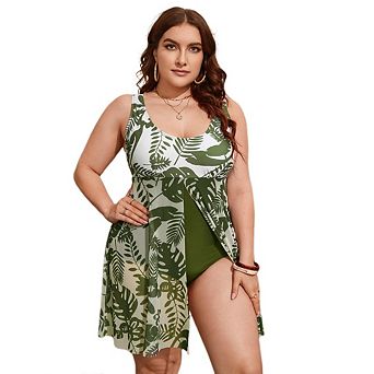Women's Plus Size Tropical Print One Piece Split Hem One Piece Swimsuit Monokini