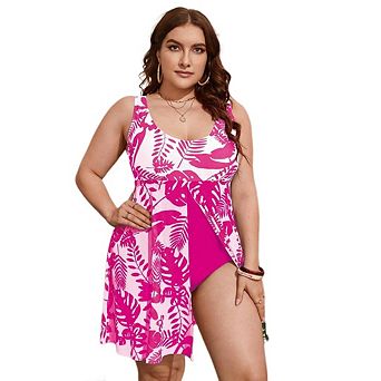 Women's Plus Size Tropical Print One Piece Split Hem One Piece Swimsuit Monokini