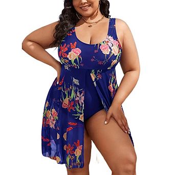 Women's Plus Size Tropical Print One Piece Split Hem One Piece Swimsuit Monokini
