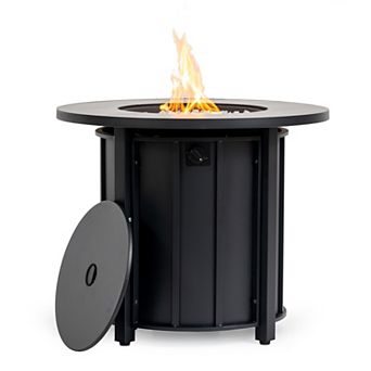 30" Propane Gas Fire Pit Table, 50000 BTU Round Steel Fire Pit With Wood Grain Ceramic Tabletop