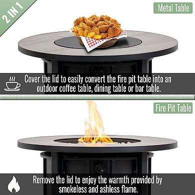 30" Propane Gas Fire Pit Table, 50000 BTU Round Steel Fire Pit With Wood Grain Ceramic Tabletop
