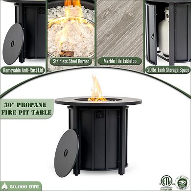 30" Propane Gas Fire Pit Table, 50000 BTU Round Steel Fire Pit With Wood Grain Ceramic Tabletop