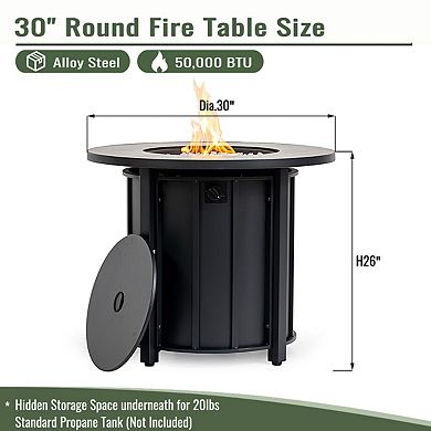 30" Propane Gas Fire Pit Table, 50000 BTU Round Steel Fire Pit With Wood Grain Ceramic Tabletop