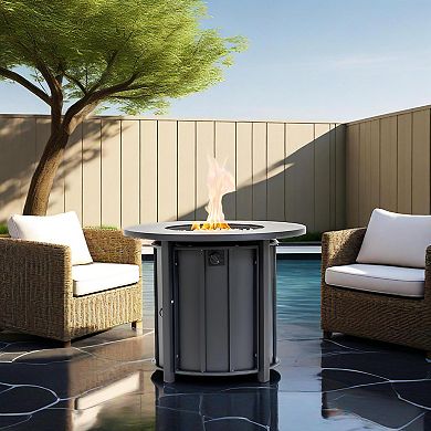 30" Propane Gas Fire Pit Table, 50000 BTU Round Steel Fire Pit With Wood Grain Ceramic Tabletop