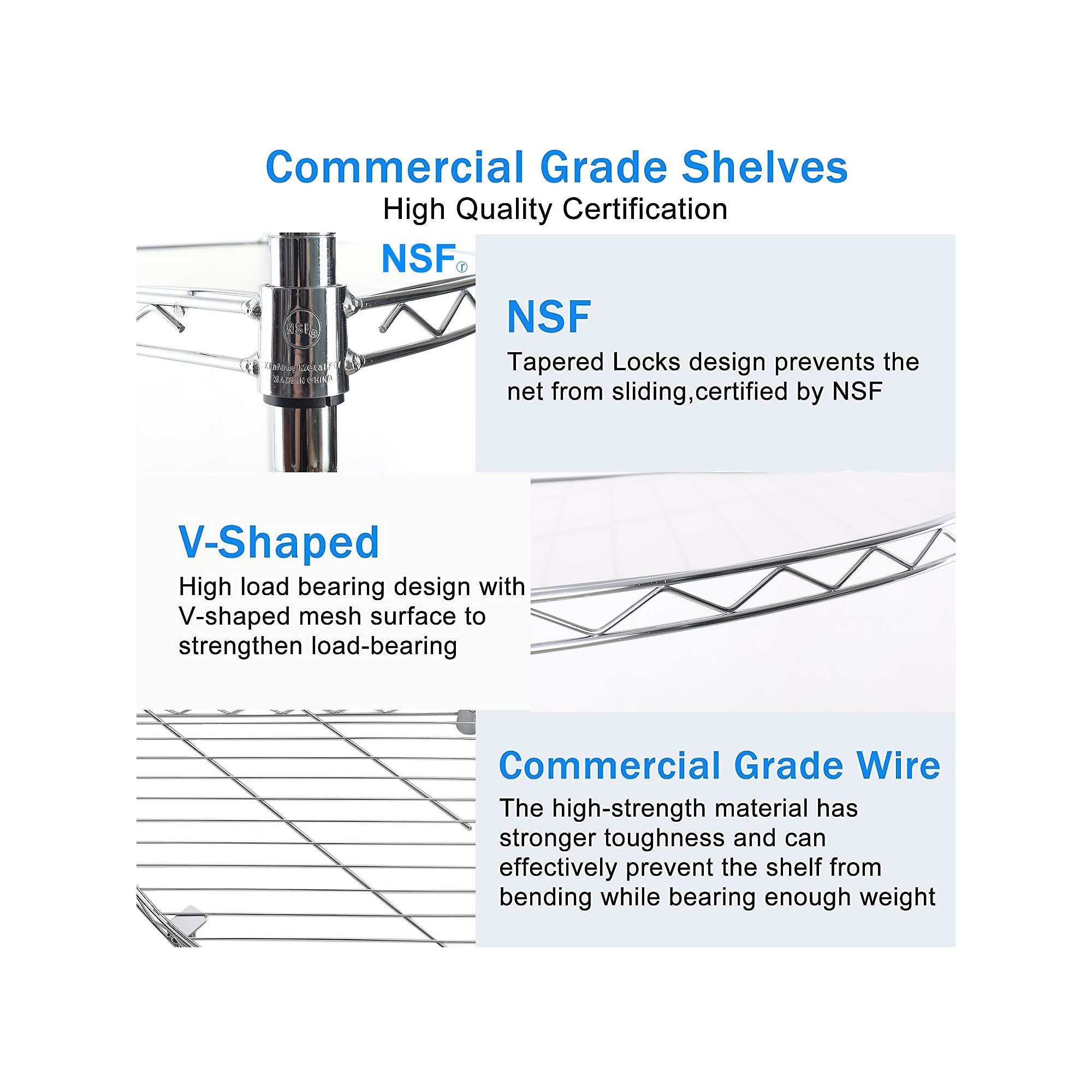 NSF logo and close-up of shelf wire detail with V-shaped mesh