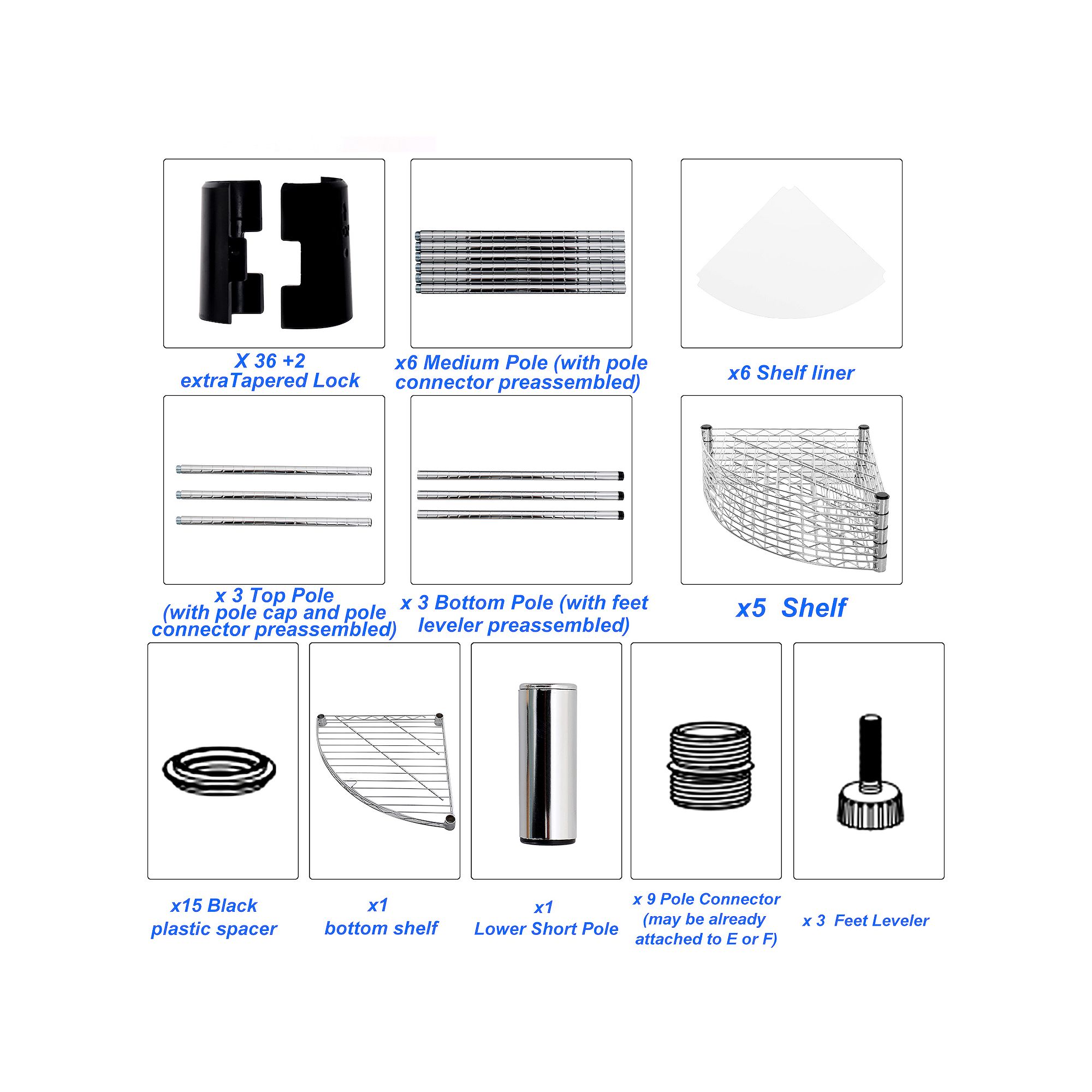 Includes hardware and shelf components laid out in grid