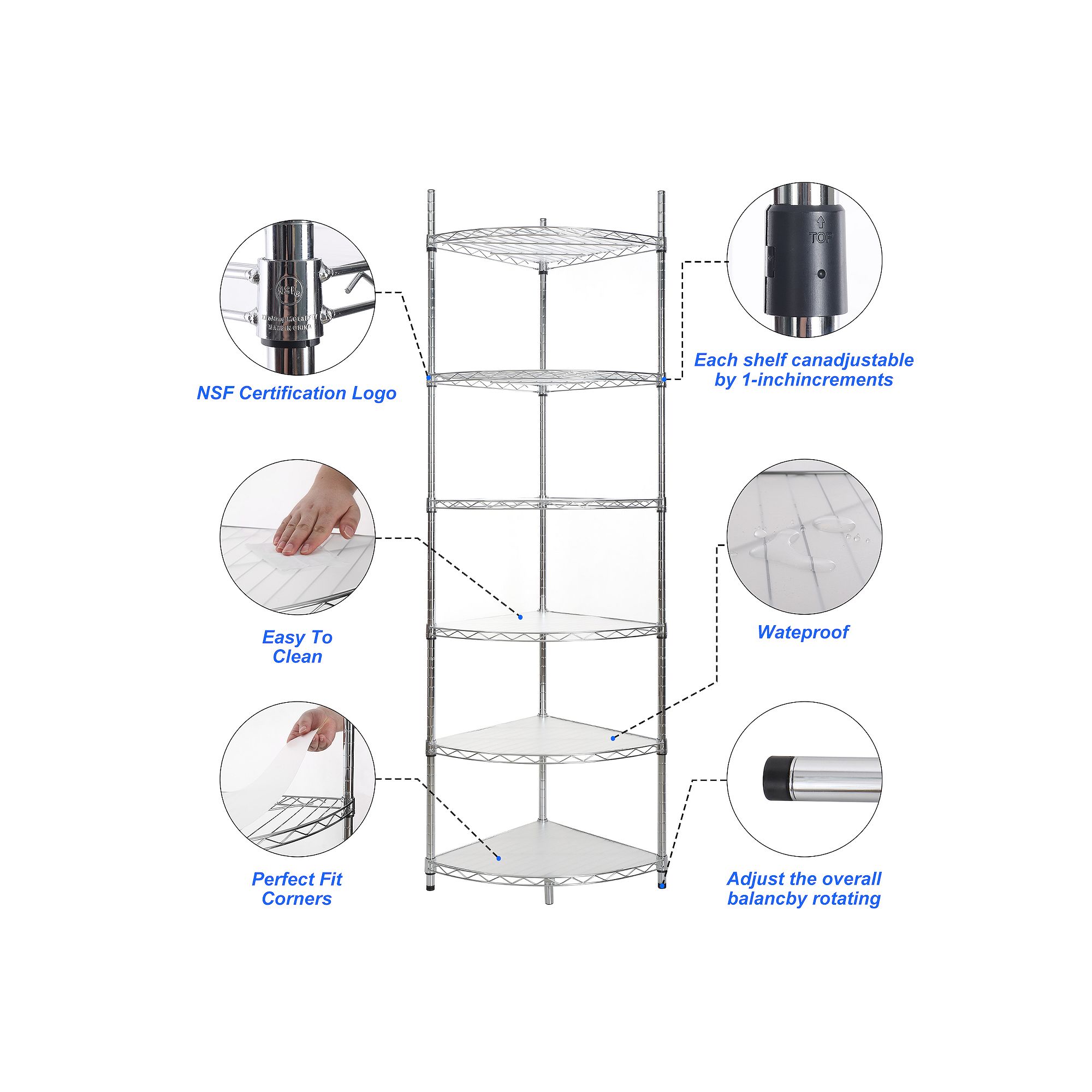 Close-up infographic of features: NSF certification logo, adjustable shelves, waterproof, easy to clean