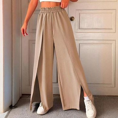 Womens Wide Leg Split Pants Boho Loose Palazzo with Elastic Waist Drawstring Beach Vacation Pants