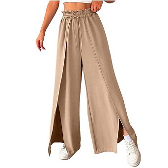Womens Wide Leg Split Pants Boho Loose Palazzo with Elastic Waist Drawstring Beach Vacation Pants