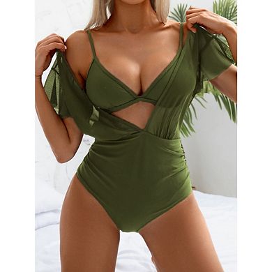 Women's One Piece Swimsuit Bathing Suit Halter Triangle Tops V Neck Ruffle Sleeve Mesh Bikini