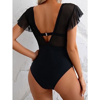 Women's One Piece Swimsuit Bathing Suit Halter Triangle Tops V Neck Ruffle Sleeve Mesh Bikini