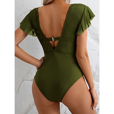 Women's One Piece Swimsuit Bathing Suit Halter Triangle Tops V Neck Ruffle Sleeve Mesh Bikini