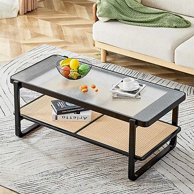 MODERN RATTAN AND GLASS CENTER TABLE