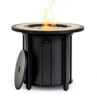 30" Propane Gas Fire Pit Table, Black Round Steel Fire Pit with Mosaic Ceramic Tabletop