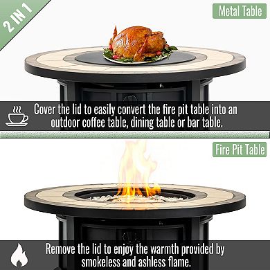 30" Propane Gas Fire Pit Table, Black Round Steel Fire Pit with Mosaic Ceramic Tabletop