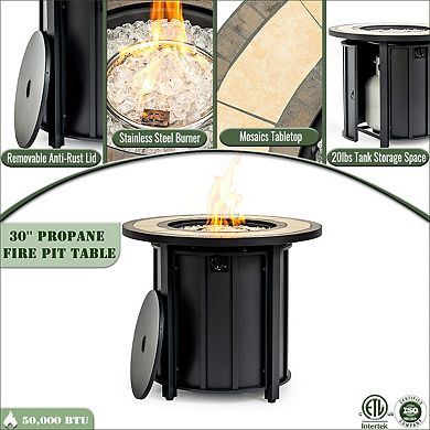 30" Propane Gas Fire Pit Table, Black Round Steel Fire Pit with Mosaic Ceramic Tabletop
