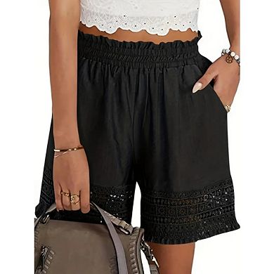 Women's Casual Elastic Waist Lounge Shorts Comfy Stretch Lace Trim Shorts