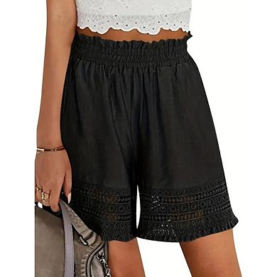 Women's Casual Elastic Waist Lounge Shorts Comfy Stretch Lace Trim Shorts