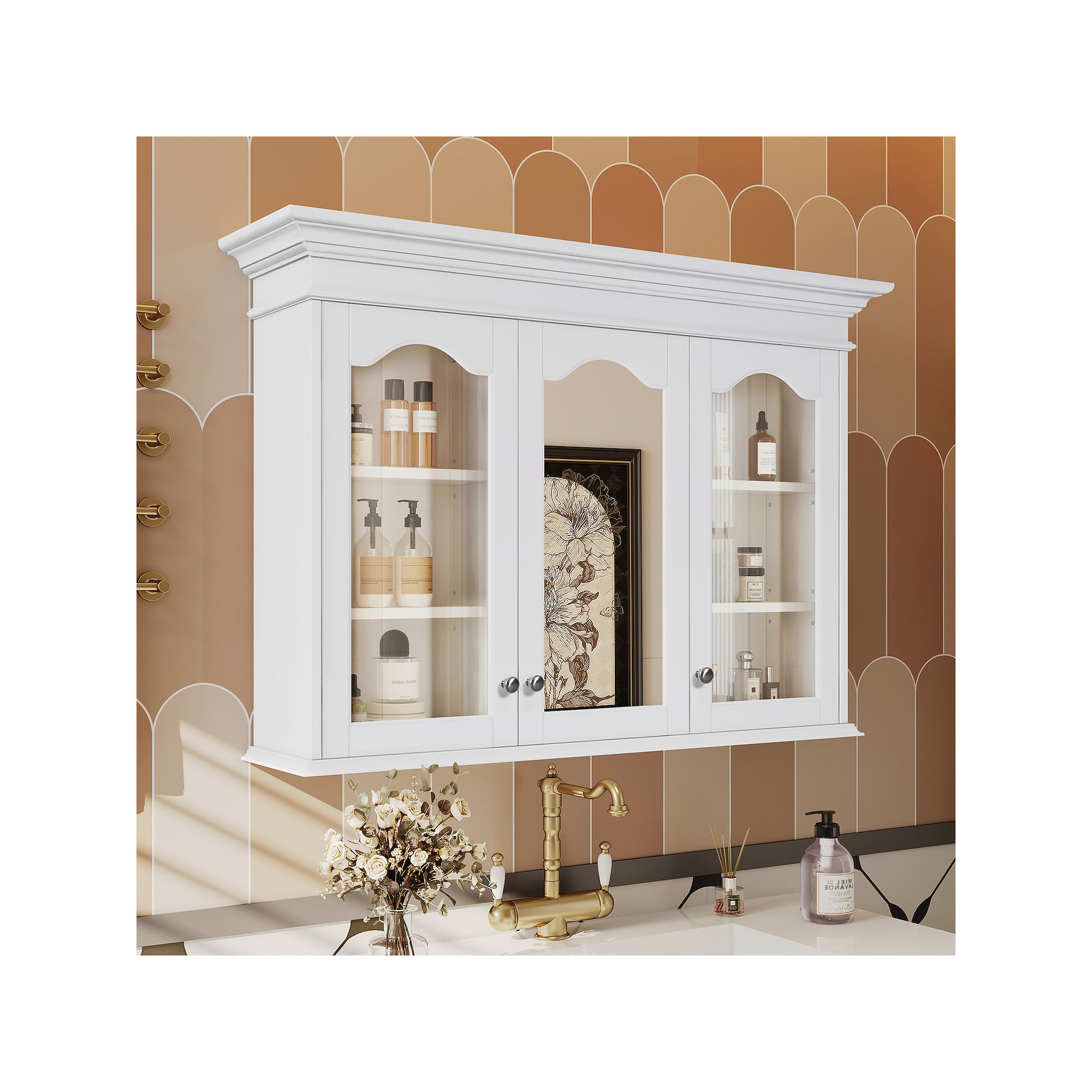 White wall-mounted bathroom cabinet with mirrored door and adjustable shelves