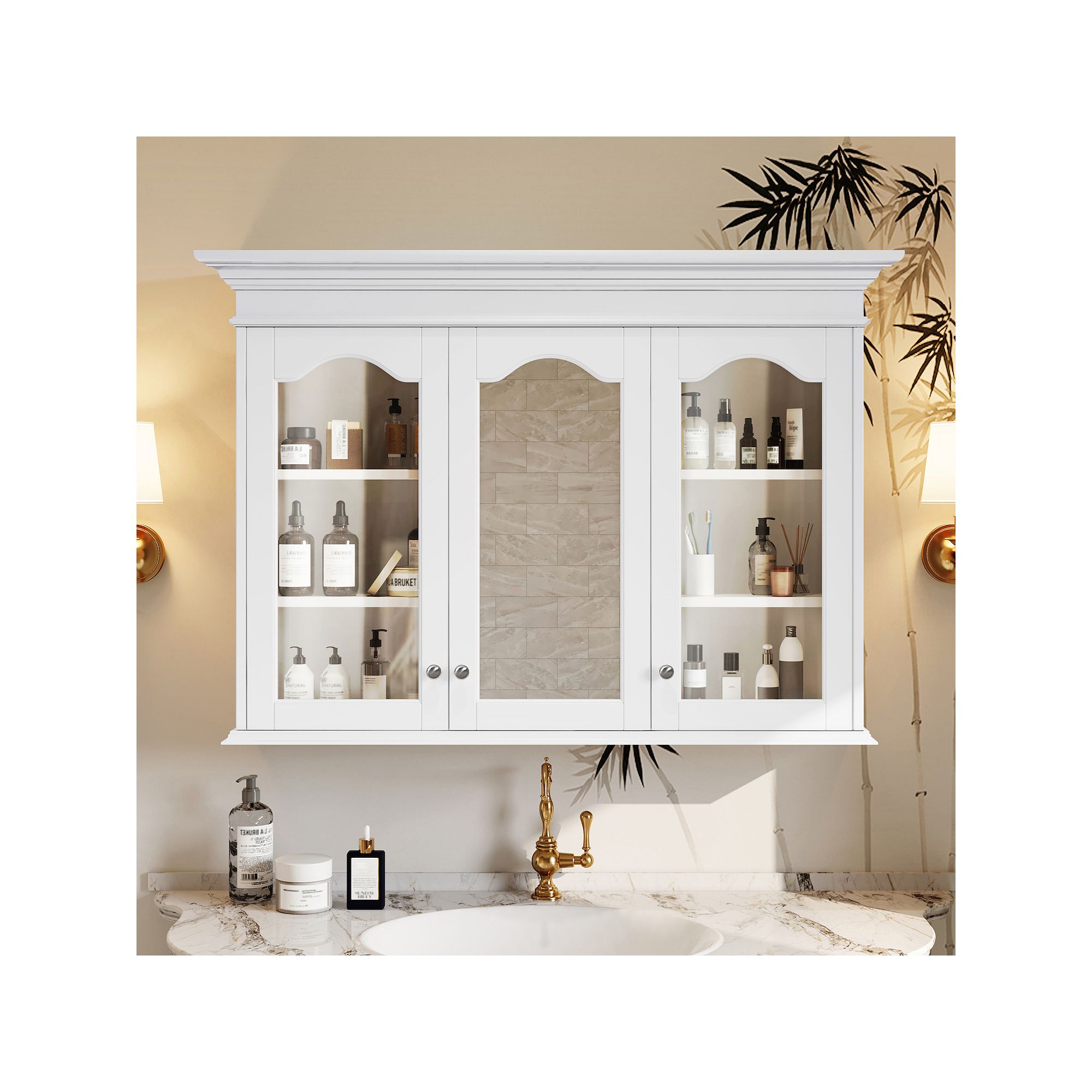 White wall-mounted bathroom cabinet with mirrored door and adjustable shelves above sink