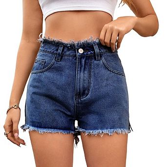 Women's Vintage Washed Fringed Trim Denim Shorts Summer Zip Shorts Jeans with Pockets