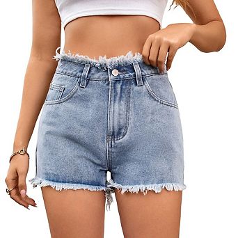 Women's Vintage Washed Fringed Trim Denim Shorts Summer Zip Shorts Jeans with Pockets