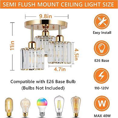 ELEMENT ACE Modern Semi Flush Mount Ceiling Light with Crystal Accents and Gold Frame