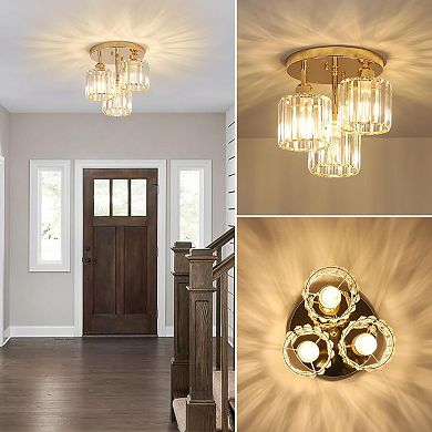 ELEMENT ACE Modern Semi Flush Mount Ceiling Light with Crystal Accents and Gold Frame