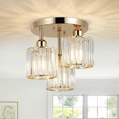 ELEMENT ACE Modern Semi Flush Mount Ceiling Light with Crystal Accents and Gold Frame