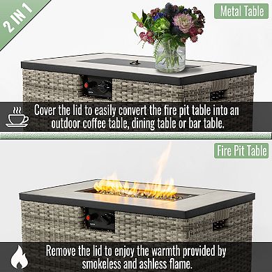 2 Pieces Propane Gas Fire Pit Table with Propane Tank Cover , 50000 BTU Rectangular Steel Fire Pit