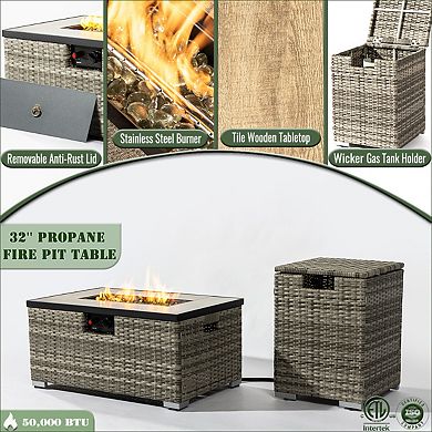 2 Pieces Propane Gas Fire Pit Table with Propane Tank Cover , 50000 BTU Rectangular Steel Fire Pit