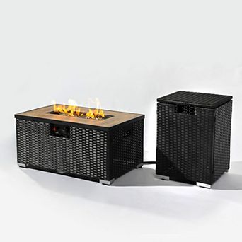 2 pc Propane Gas Fire Pit Table with Propane Tank Cover , 50000 BTU Rectangular Steel Fire Pit