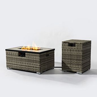 2 pc Propane Gas Fire Pit Table with Propane Tank Cover , 50000 BTU Rectangular Steel Fire Pit