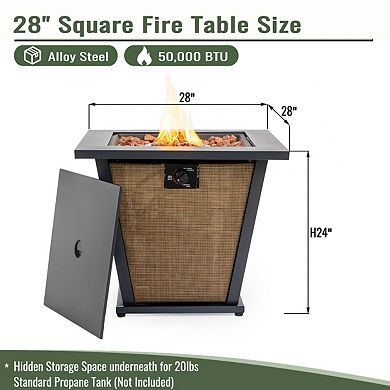 28" Propane Gas Fire Pit Table, 50000 BTU Square Steel Fire Pit