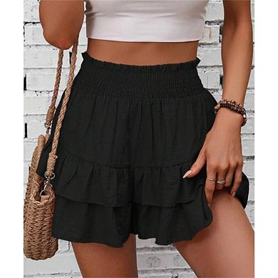 Women's Elastic High Waisted Tiered Ruffle Cute Summer Comfy Smocked Shorts Pants