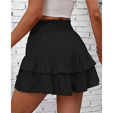 Women's Elastic High Waisted Tiered Ruffle Cute Summer Comfy Smocked Shorts Pants