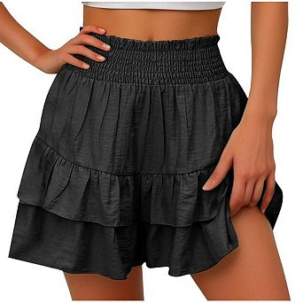 Women's Elastic High Waisted Tiered Ruffle Cute Summer Comfy Smocked Shorts Pants