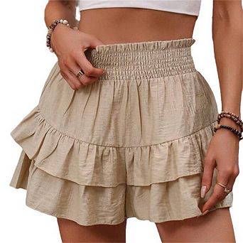 Women's Elastic High Waisted Tiered Ruffle Cute Summer Comfy Smocked Shorts Pants
