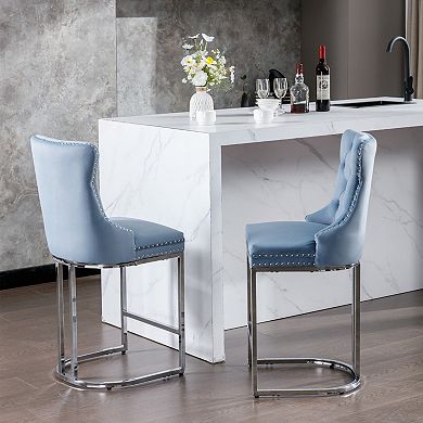 2 pc Velvet Bar Stools with Tufted Back & Chrome Metal Base