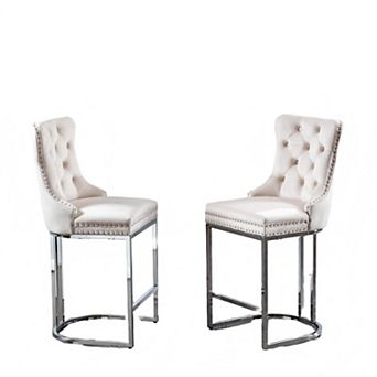 2 pc Velvet Bar Stools with Tufted Back & Chrome Metal Base